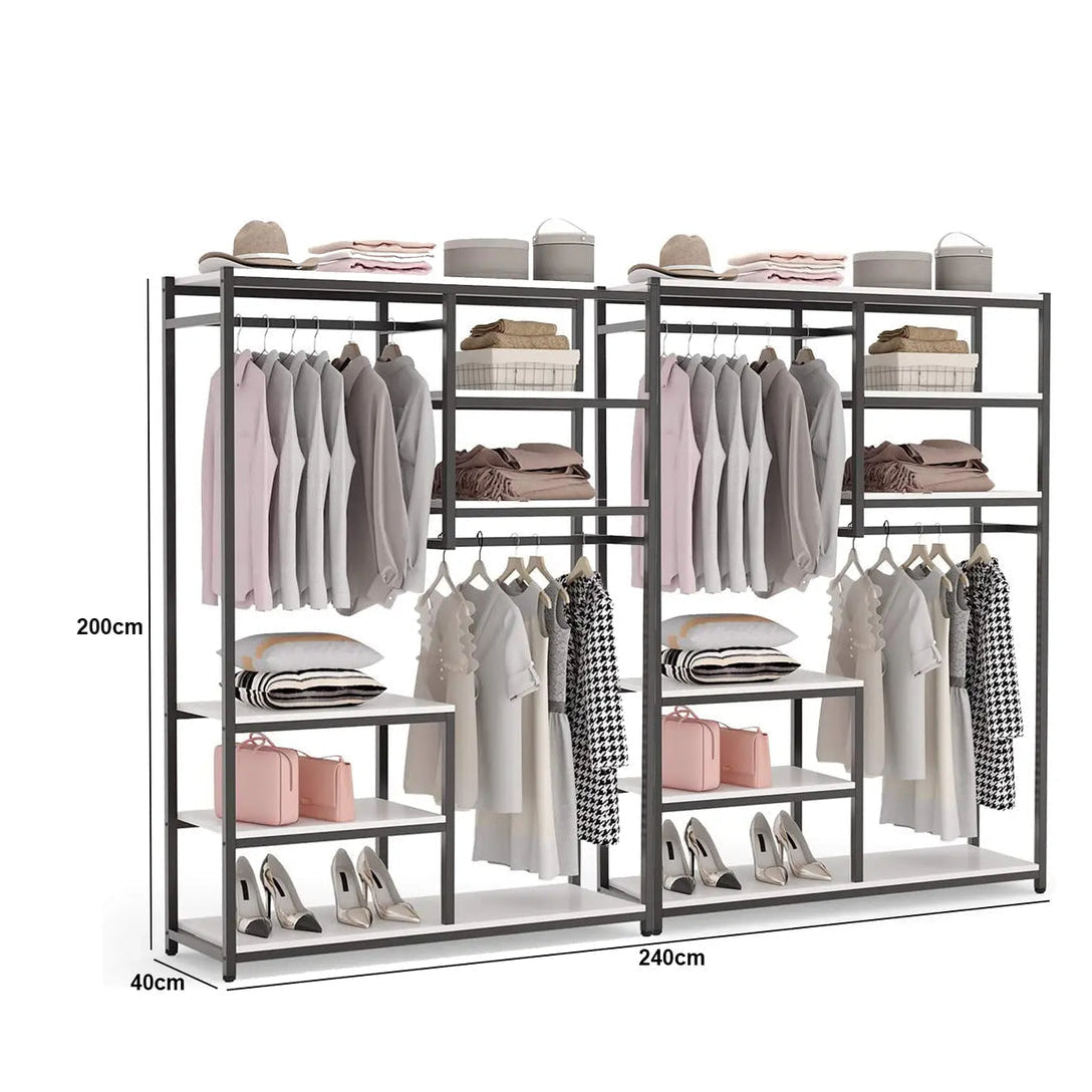 Clothing rack with clothes and shoes, showing dimensions and SKU on a white background