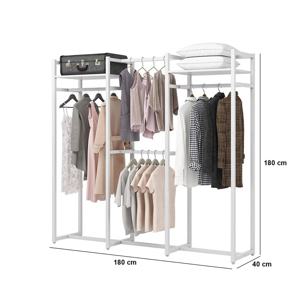 Clothing rack with clothes and dimensions labeled on a white background