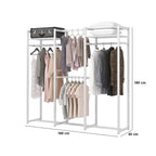 Clothing rack with clothes and dimensions labeled on a white background