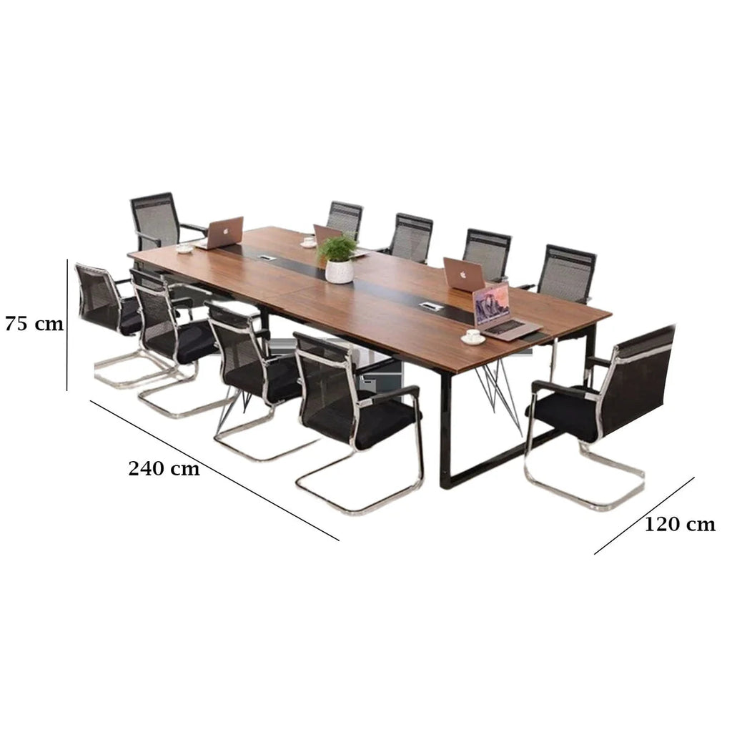 Conference table with chairs and dimensions labeled on a white background