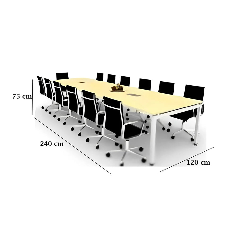 Conference table with chairs and dimensions labeled on a white background