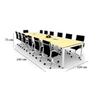 Conference table with chairs and dimensions labeled on a white background
