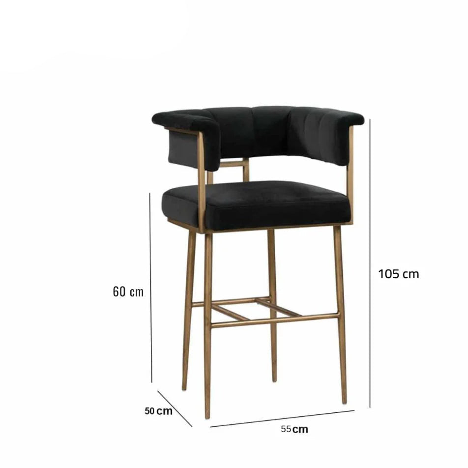 Black bar stool with gold legs and dimensions on a white background
