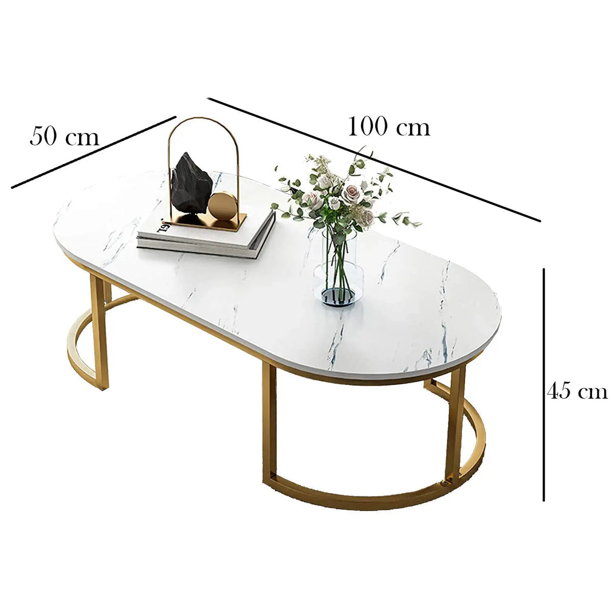 Coffee table with dimensions labeled on a white background
