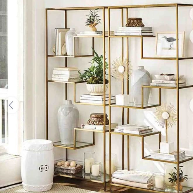 Grand Geometric Gold Painted Metal Staggered Double Shelf - Fully Assembled - 200x200x30cm