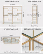 Technical drawings of a piece of furniture with dimensions and views labeled.
