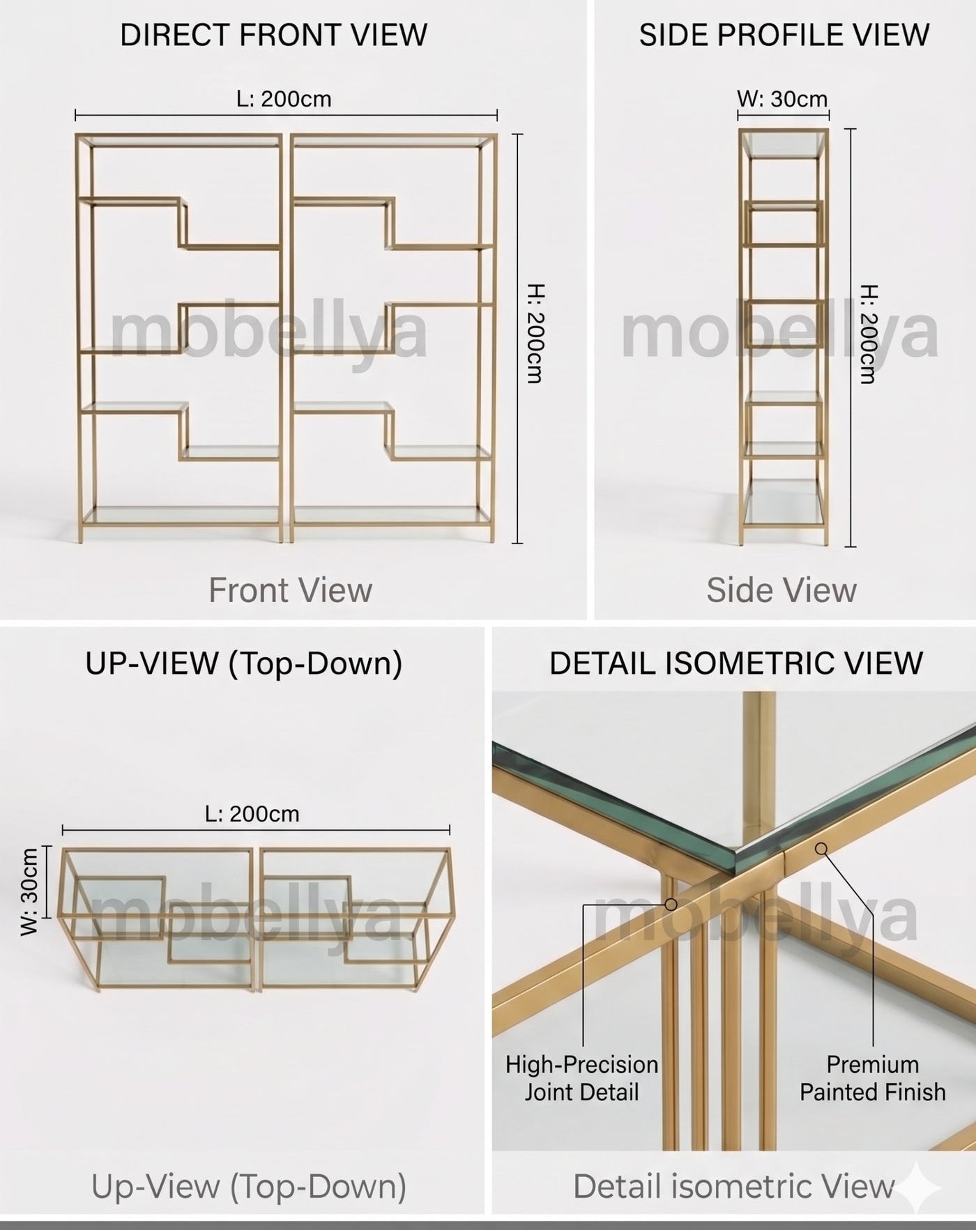 Technical drawings of a piece of furniture with dimensions and views labeled.