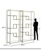 Gold metal shelving unit with dimensions and a silhouette of a person for scale.