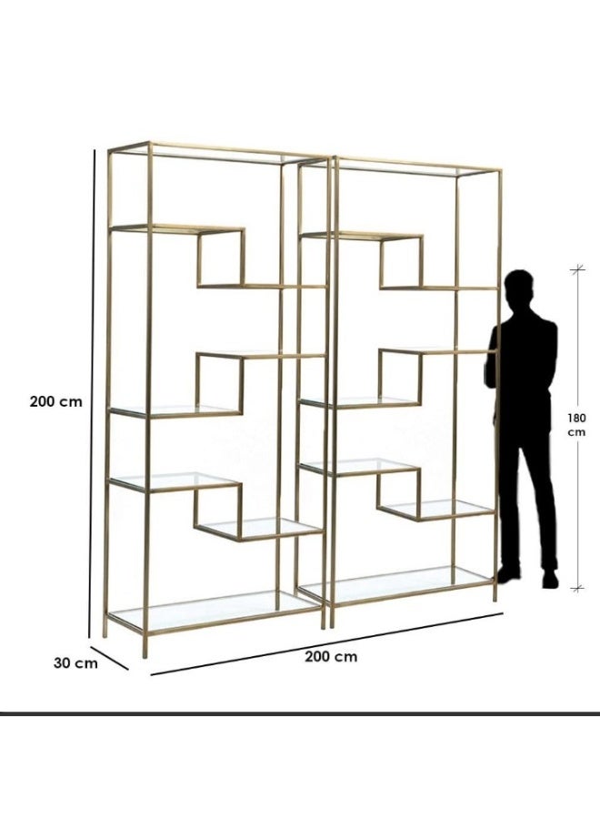Gold metal shelving unit with dimensions and a silhouette of a person for scale.