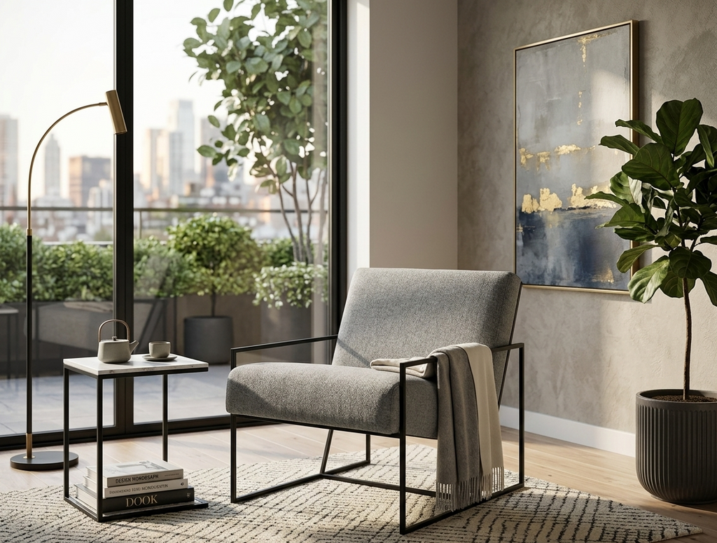 Modern living room with a gray armchair, side table, and cityscape view.