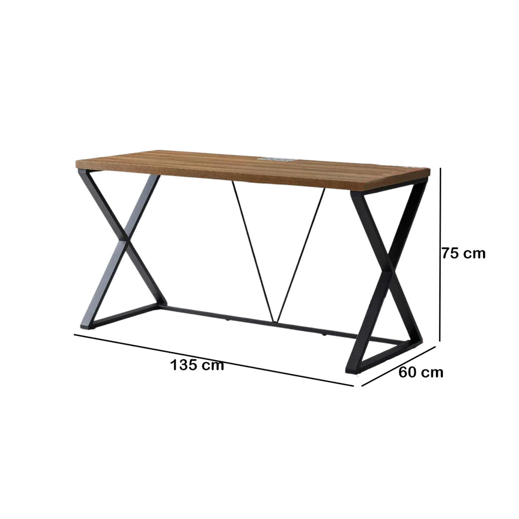 Wooden table with black metal legs and dimensions on a white background
