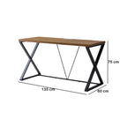 Wooden table with black metal legs and dimensions on a white background