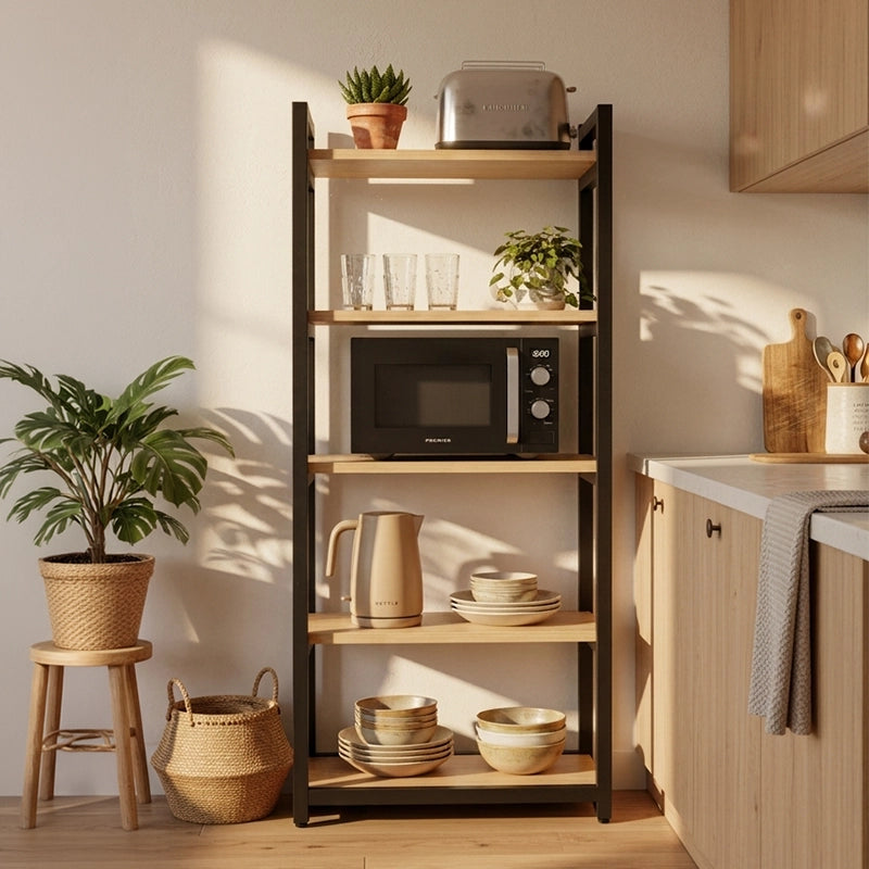 5-Tier Steel Kitchen Storage Rack – Wood Look Shelves – Multipurpose Microwave Stand Organizer