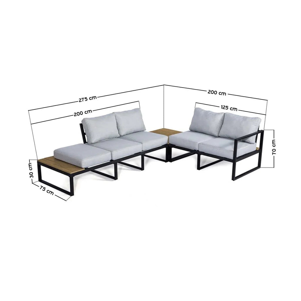 Measurement chart of a sectional outdoor sofa with dimensions labeled.