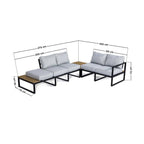 Measurement chart of a sectional outdoor sofa with dimensions labeled.