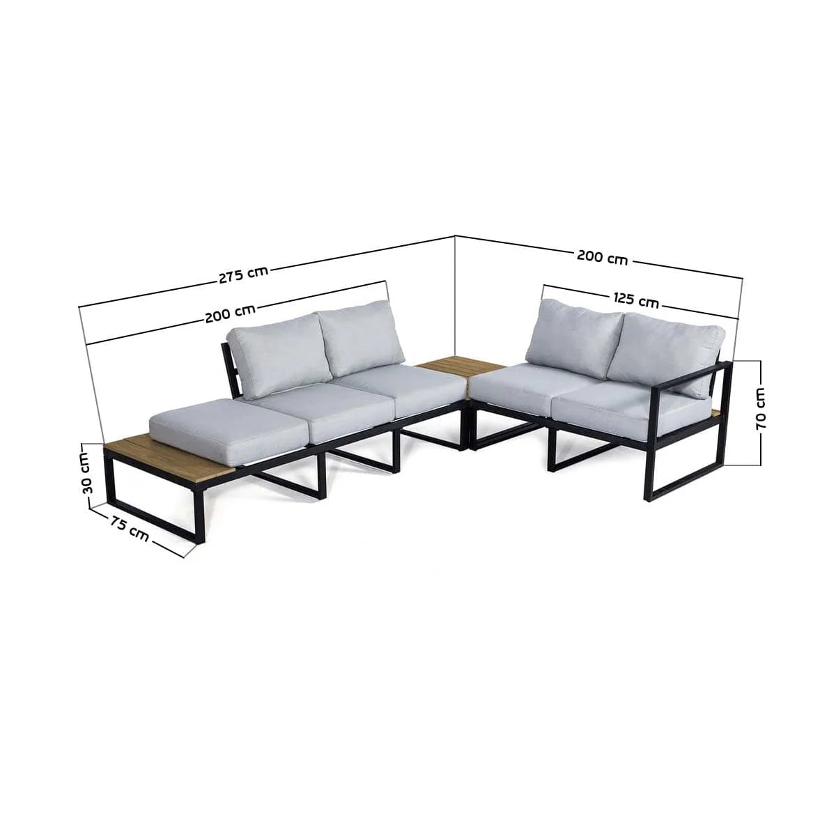 Measurement chart of a sectional outdoor sofa with dimensions labeled.