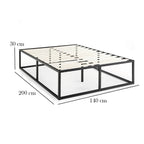 Dimensions of a metal bed frame with white slats on a gray background