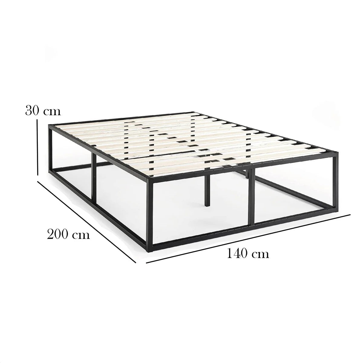 Dimensions of a metal bed frame with white slats on a gray background