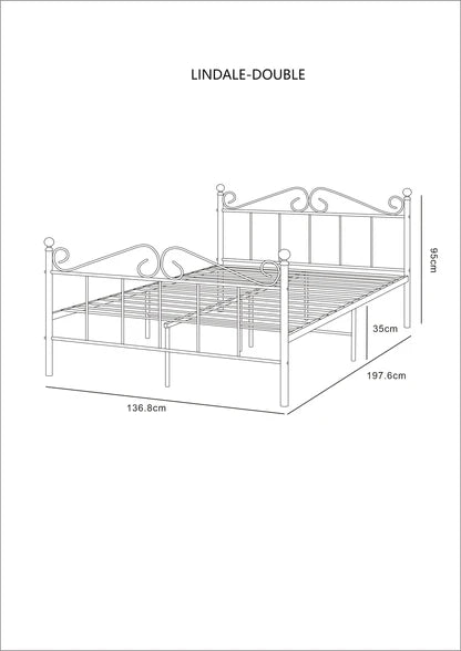 Dimensions of a metal bed frame labeled 'Lindale Double' on a white background