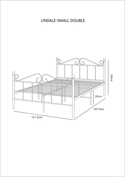 Technical drawing of a metal bed frame labeled 'Lindale-Small Double'.