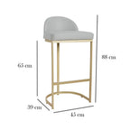 Gray bar stool with gold legs and dimensions labeled on a white background