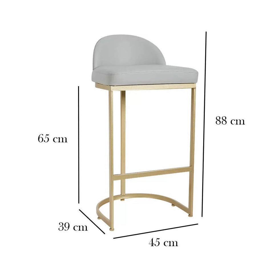 Gray bar stool with gold legs and dimensions labeled on a white background