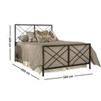 Bed with dimensions labeled on a white background
