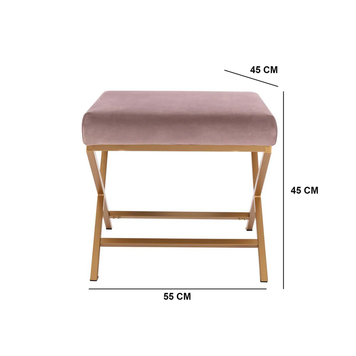 Stool with pink cushion and wooden frame, shown with dimensions on a white background