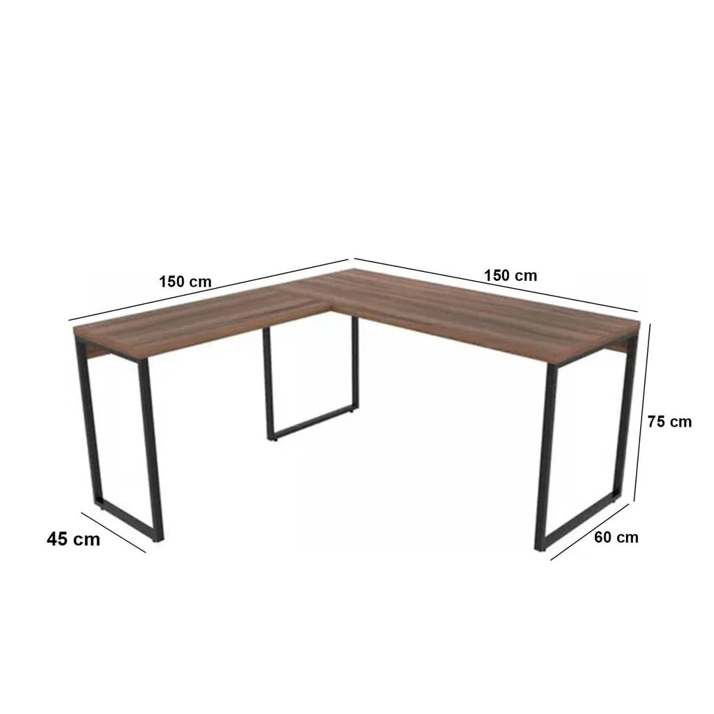 L-shaped desk with dimensions labeled on a white background