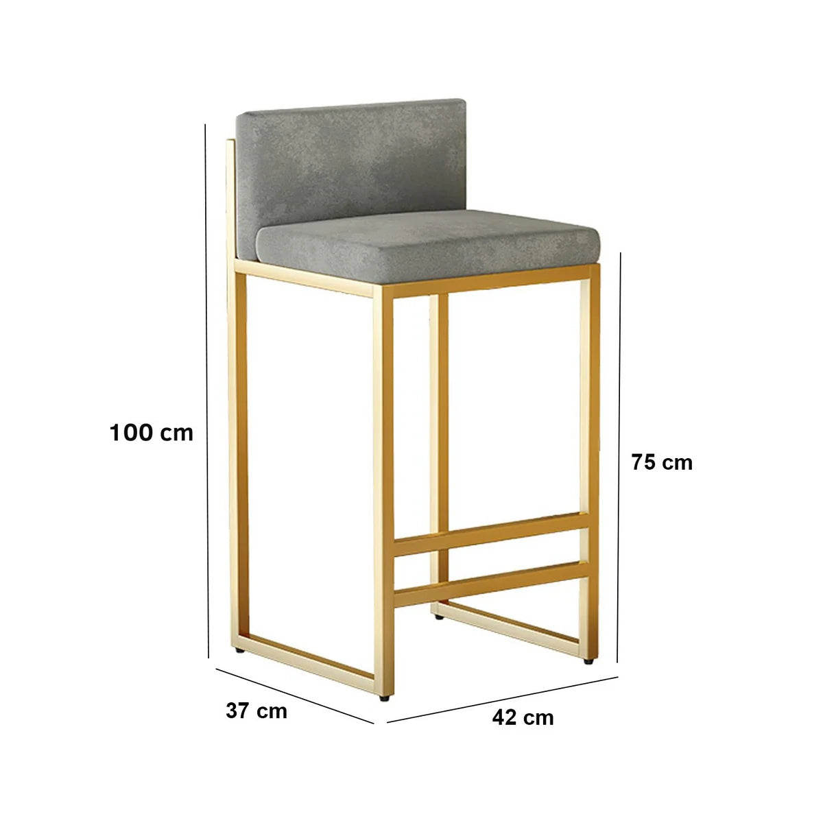 Gray cushioned bar stool with gold frame and dimensions on a white background