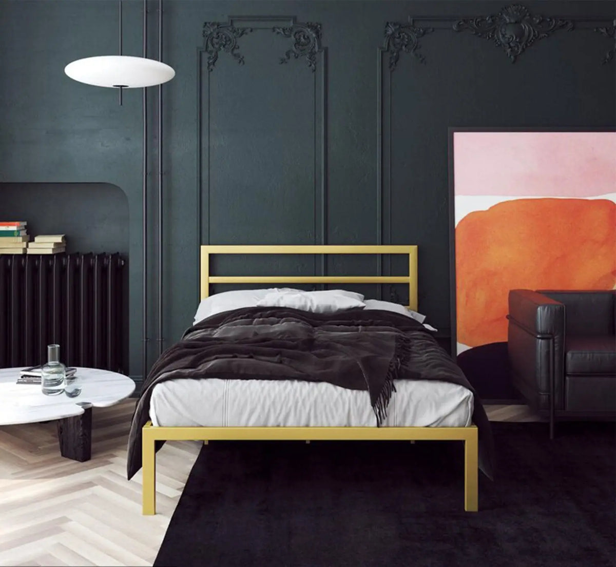 Modern bedroom with gold bed frame, dark walls, and abstract art.