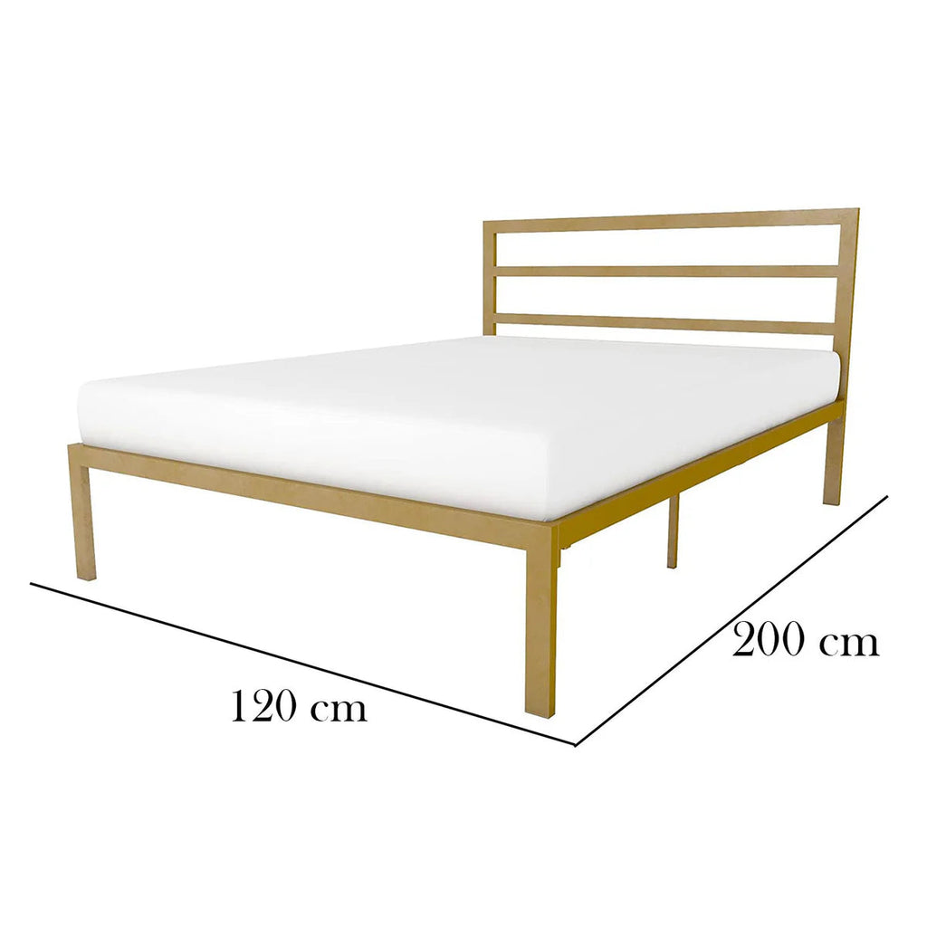 Gold metal bed frame with mattress dimensions shown on a white background