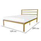 Gold metal bed frame with mattress dimensions shown on a white background