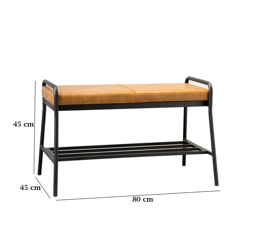 Bench with brown cushion and black metal frame, shown with dimensions on a white background.