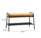 Bench with brown cushion and black metal frame, shown with dimensions on a white background.