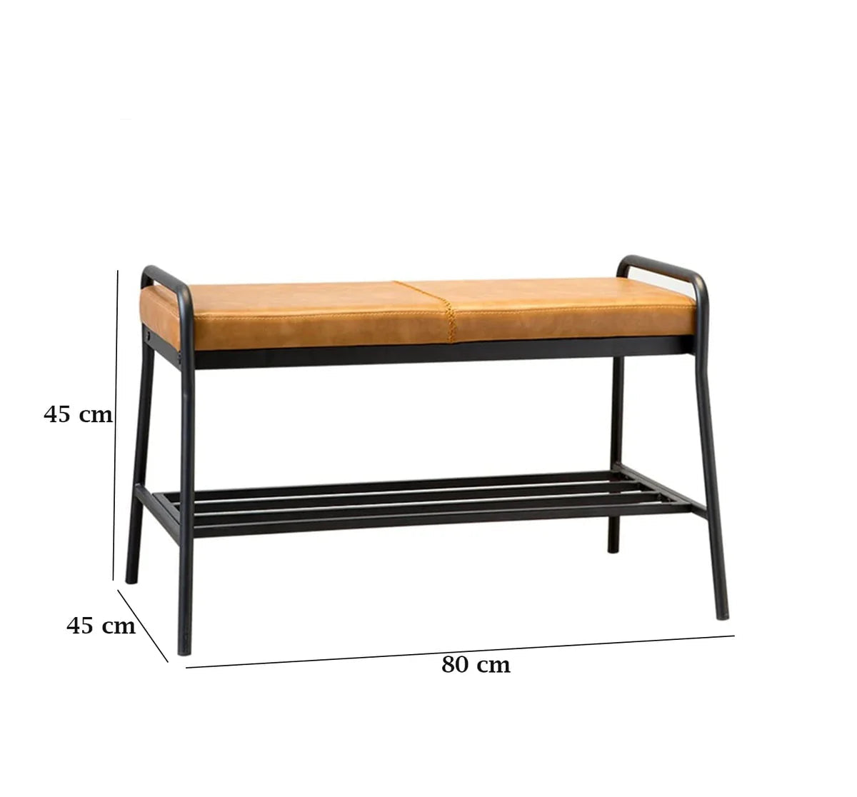 Bench with brown cushion and black metal frame, shown with dimensions on a white background.