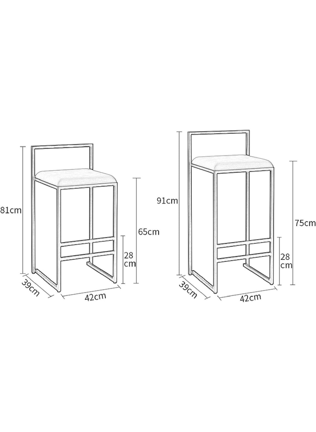 Dimensions of two bar stools on a white background