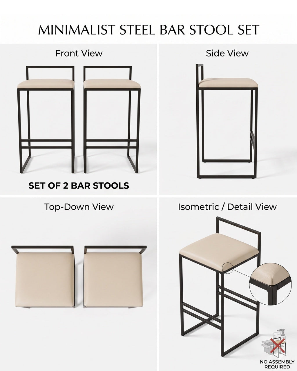 Set of 2 minimalist steel bar stools with different views on a white background