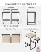 Set of 2 minimalist steel bar stools with different views on a white background