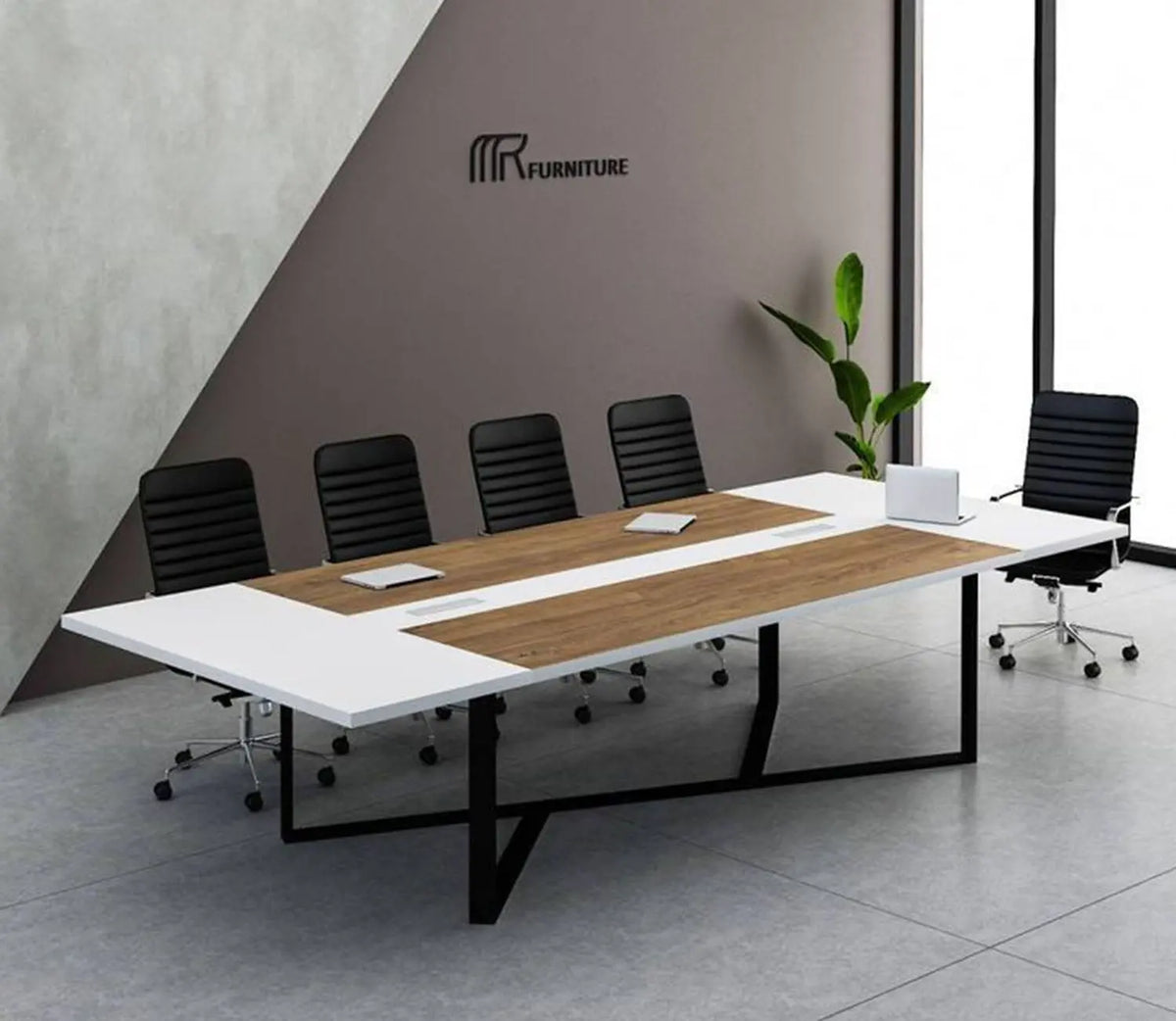 Modern office conference table with chairs and a plant in a minimalistic room.