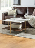 Living room with a brown leather sofa and marble coffee table.