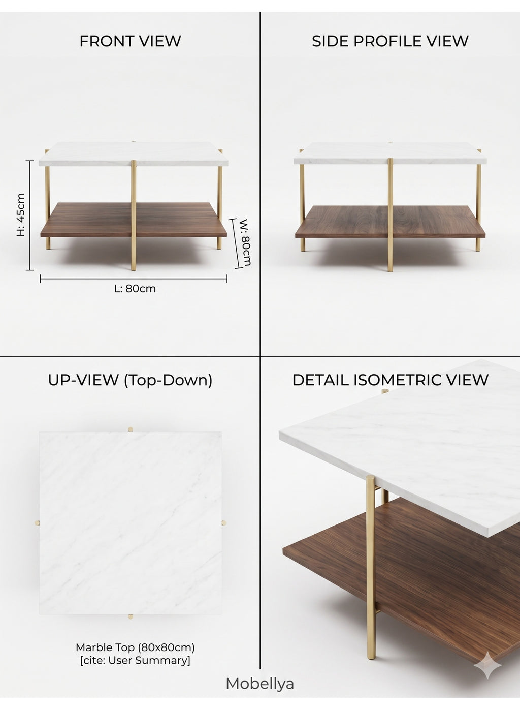 Product dimensions and views displayed on a white background