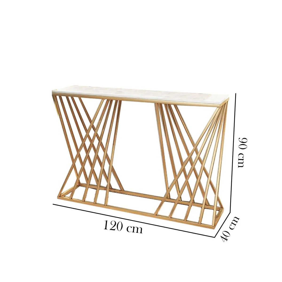 Console table with geometric design and dimensions on a white background