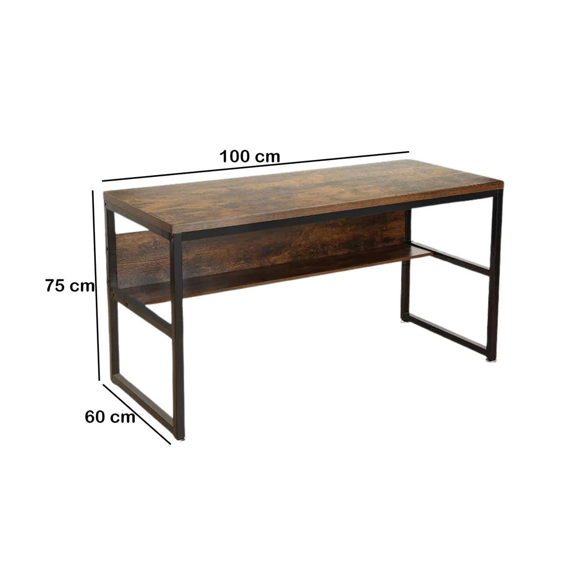 Wooden desk with dimensions labeled on a white background