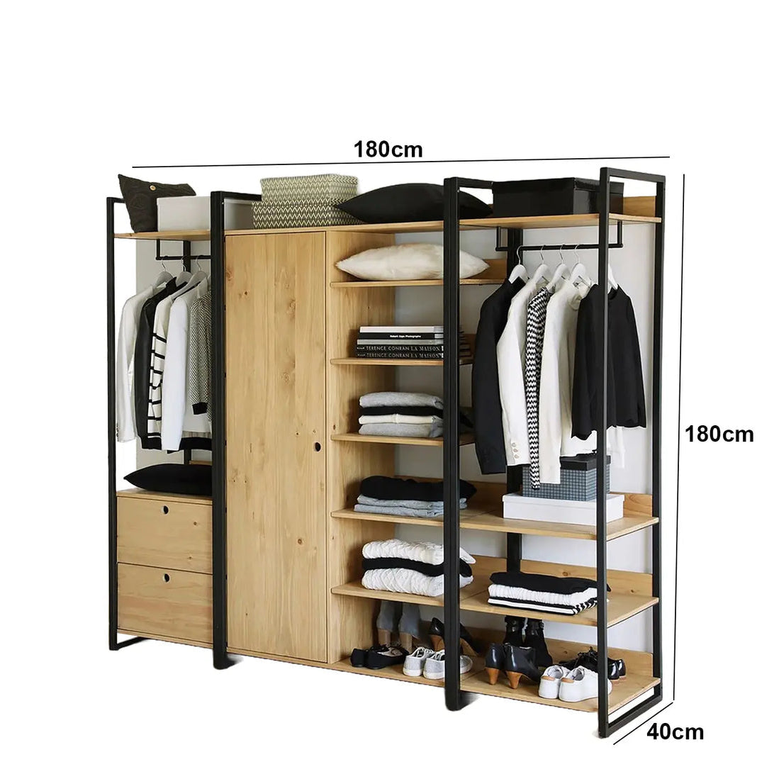 Clothing rack with wooden panels and shelves, showing dimensions and SKU information.