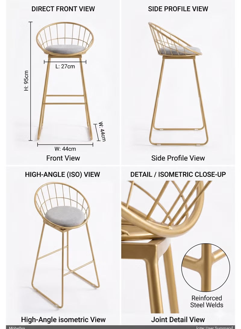 Gold bar stool with gray cushion shown from multiple angles with measurements.