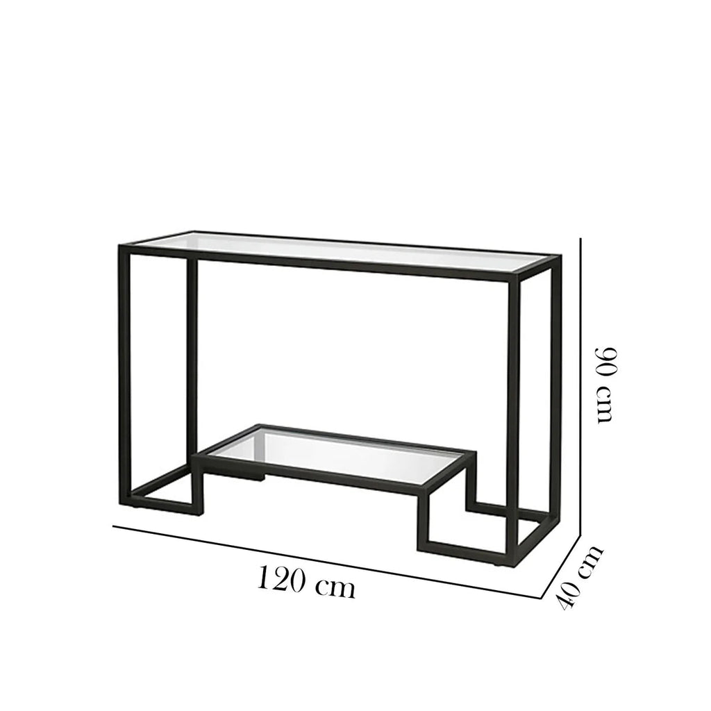 Dimensions of a black metal console table with glass top on a white background