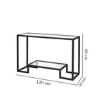 Dimensions of a black metal console table with glass top on a white background