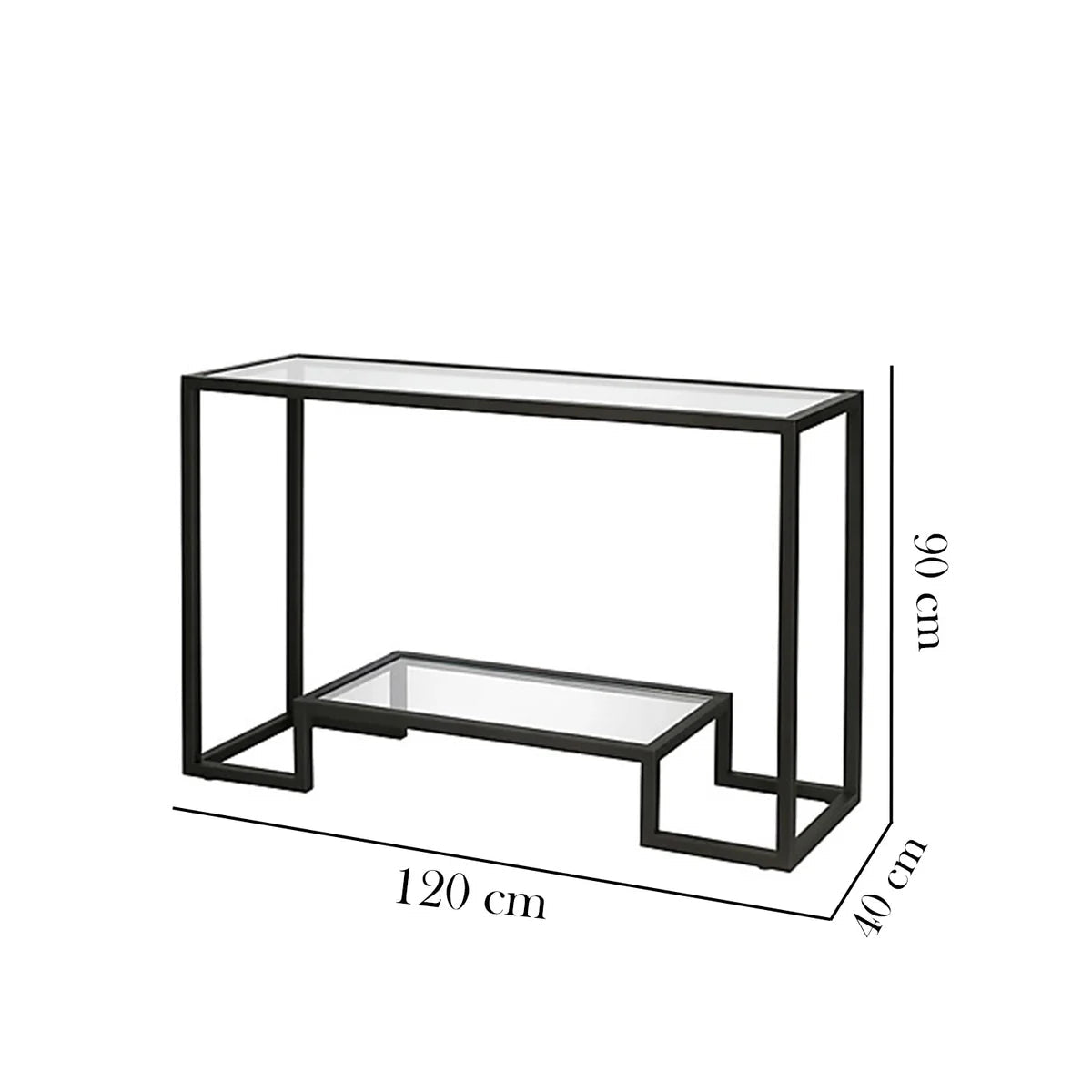 Dimensions of a black metal console table with glass top on a white background