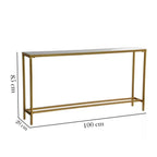 Gold console table with dimensions on a white background
